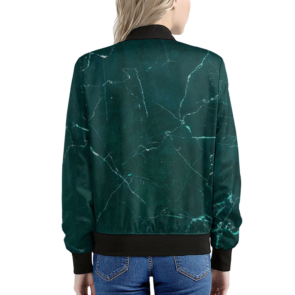Dark Green Marble Print Women's Bomber Jacket