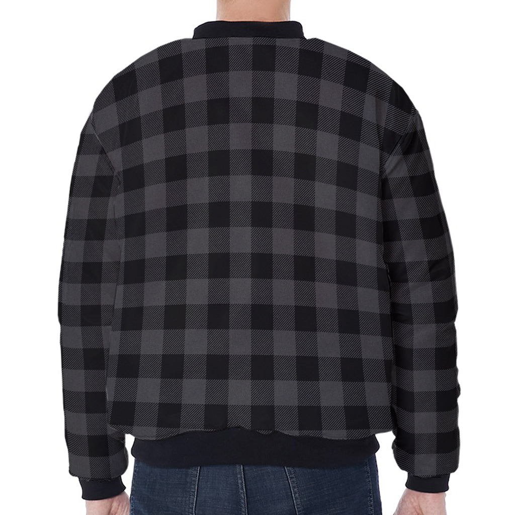 Dark Grey And Black Buffalo Check Print Zip Sleeve Bomber Jacket