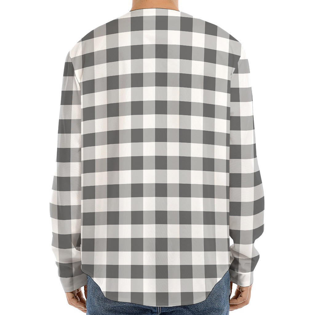 Dark Grey And White Gingham Print Long Sleeve Baseball Jersey