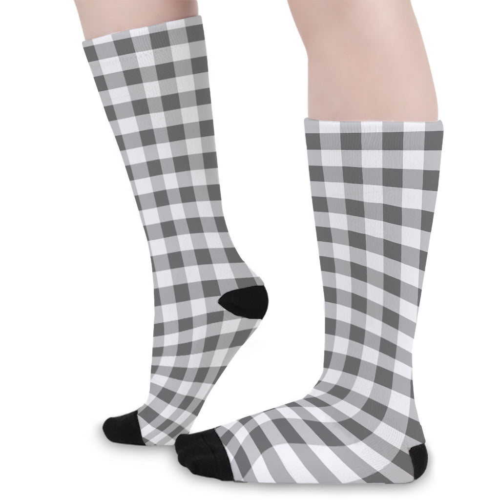 Dark Grey And White Gingham Print Long Socks
