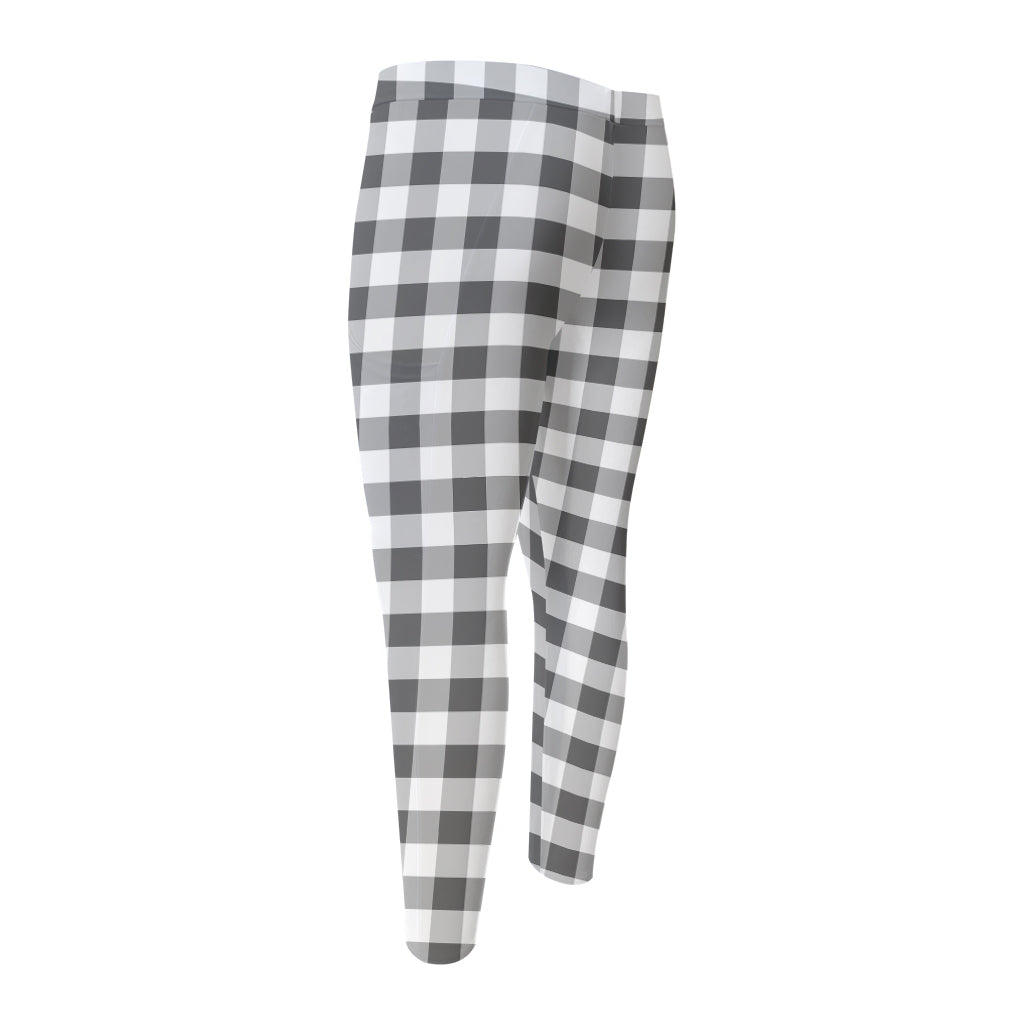 Dark Grey And White Gingham Print Men's Compression Pants