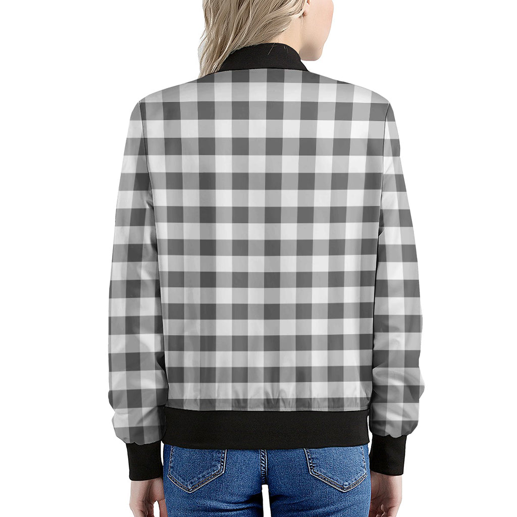 Dark Grey And White Gingham Print Women's Bomber Jacket