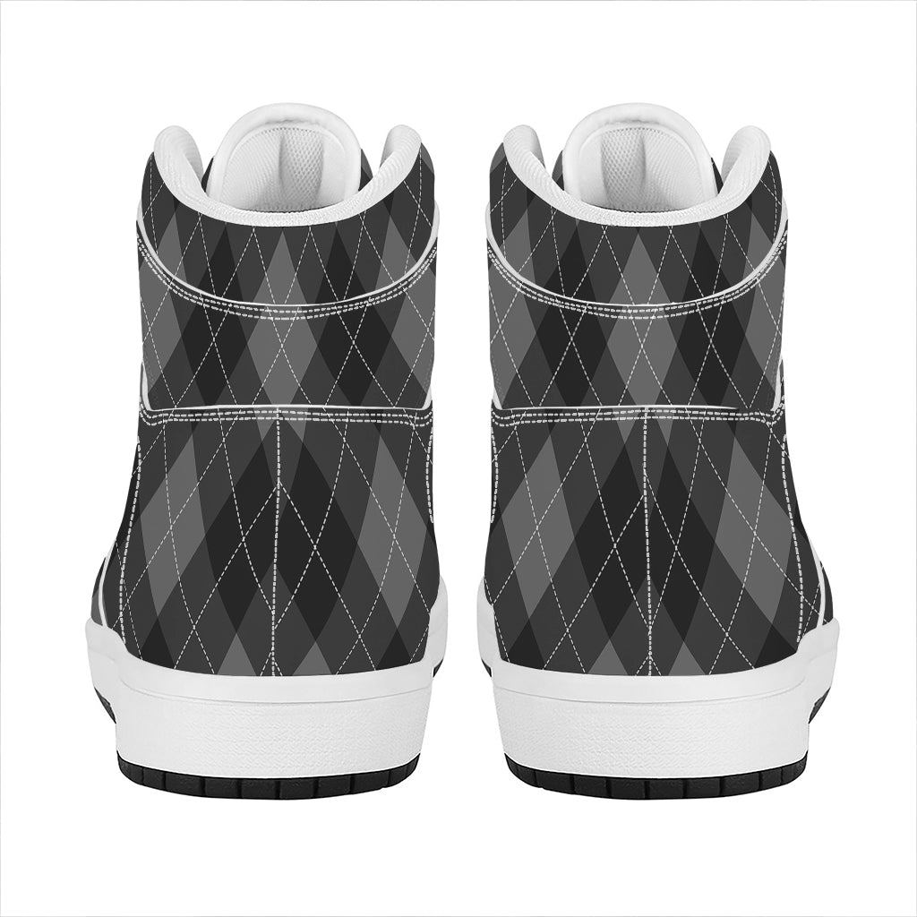 Dark Grey Argyle Pattern Print High Top Leather Sneakers