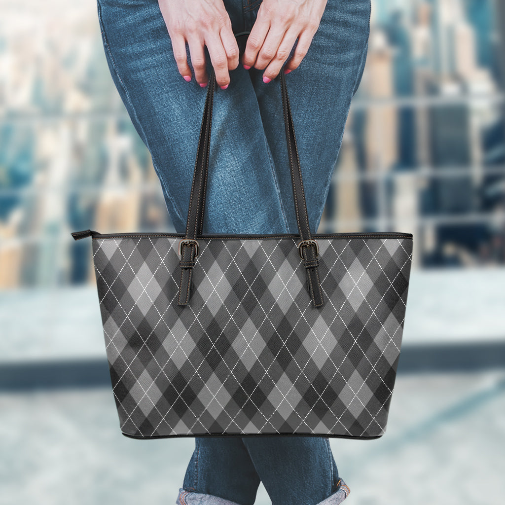 Dark Grey Argyle Pattern Print Leather Tote Bag
