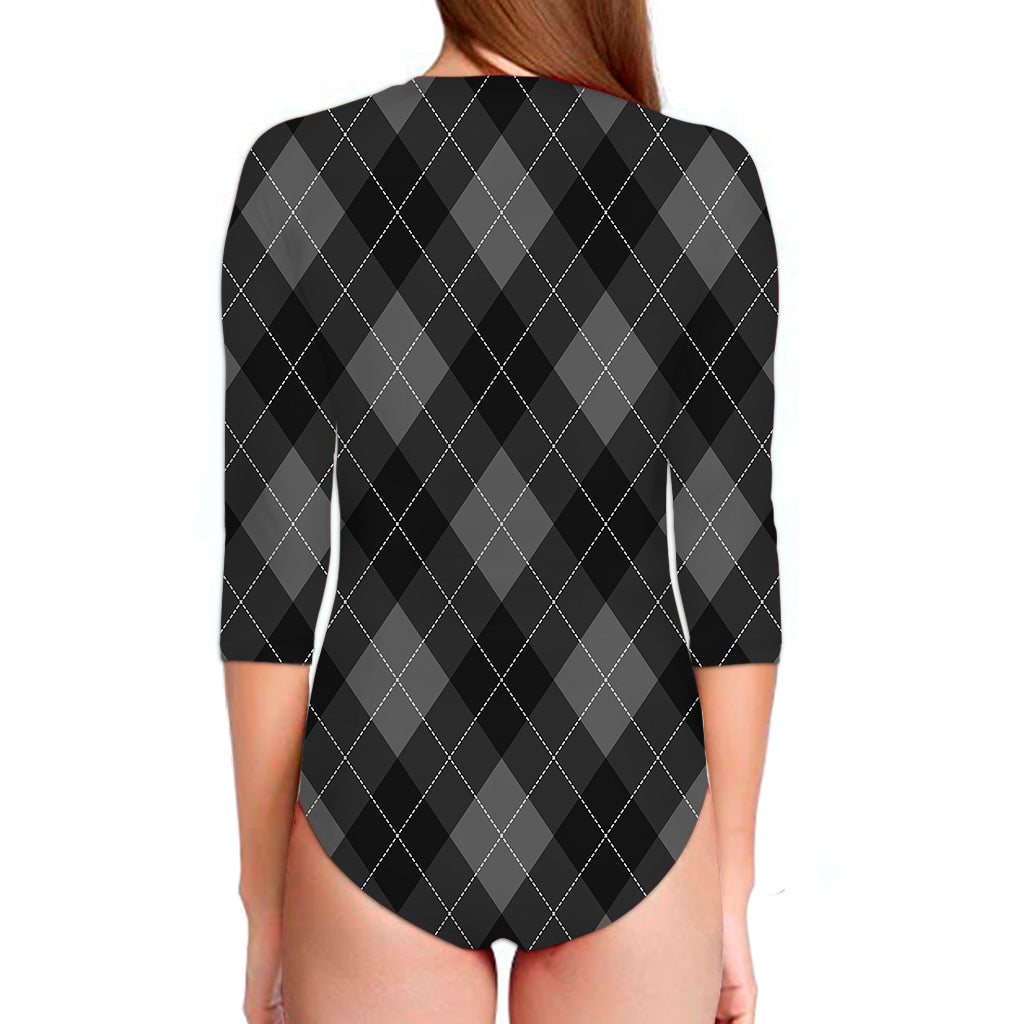 Dark Grey Argyle Pattern Print Long Sleeve Swimsuit