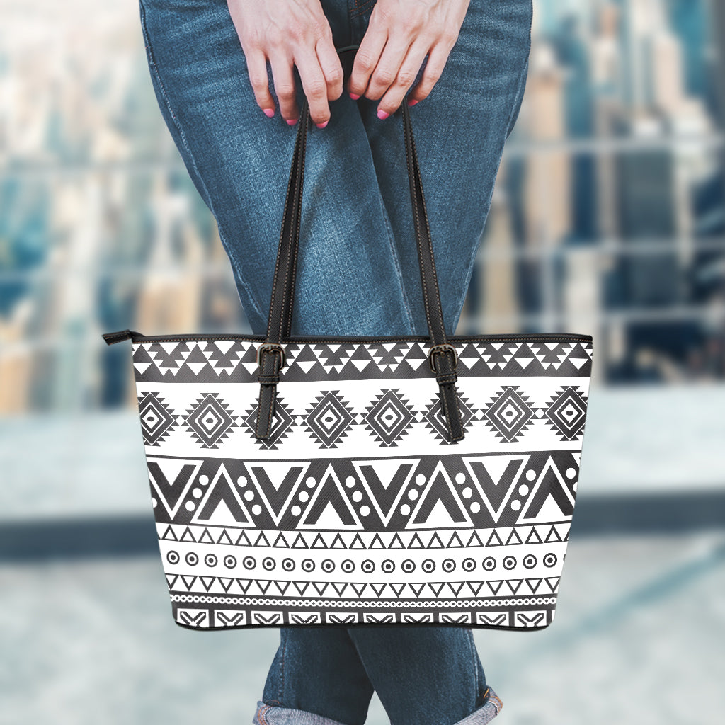 Dark Grey Aztec Pattern Print Leather Tote Bag