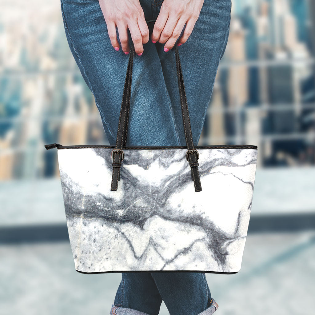 Dark Grey White Marble Print Leather Tote Bag