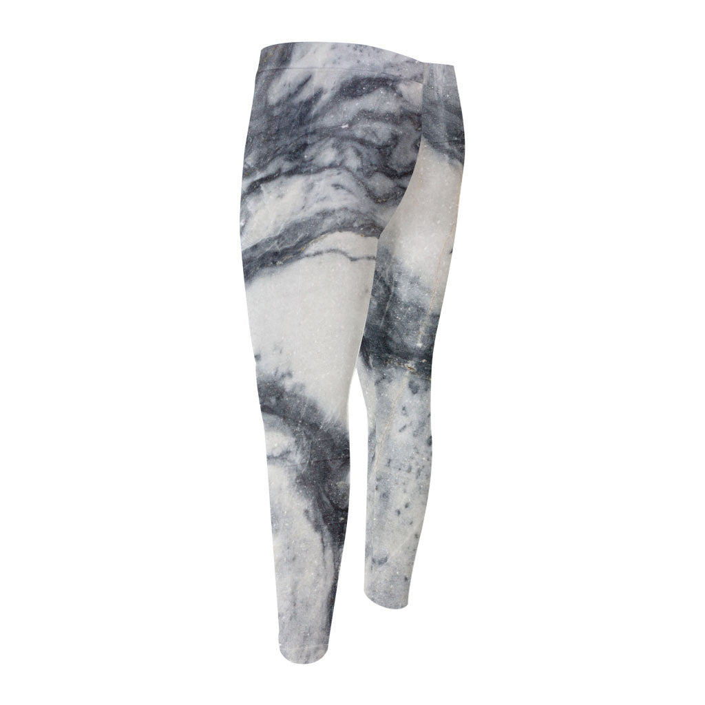 Dark Grey White Marble Print Men's Compression Pants