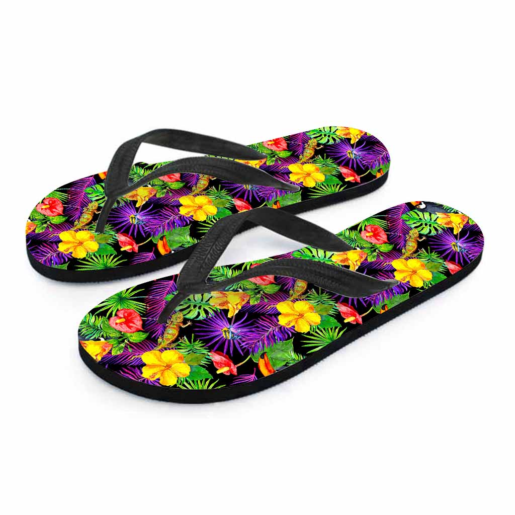 Dark Hawaiian Tropical Pattern Print Flip Flops