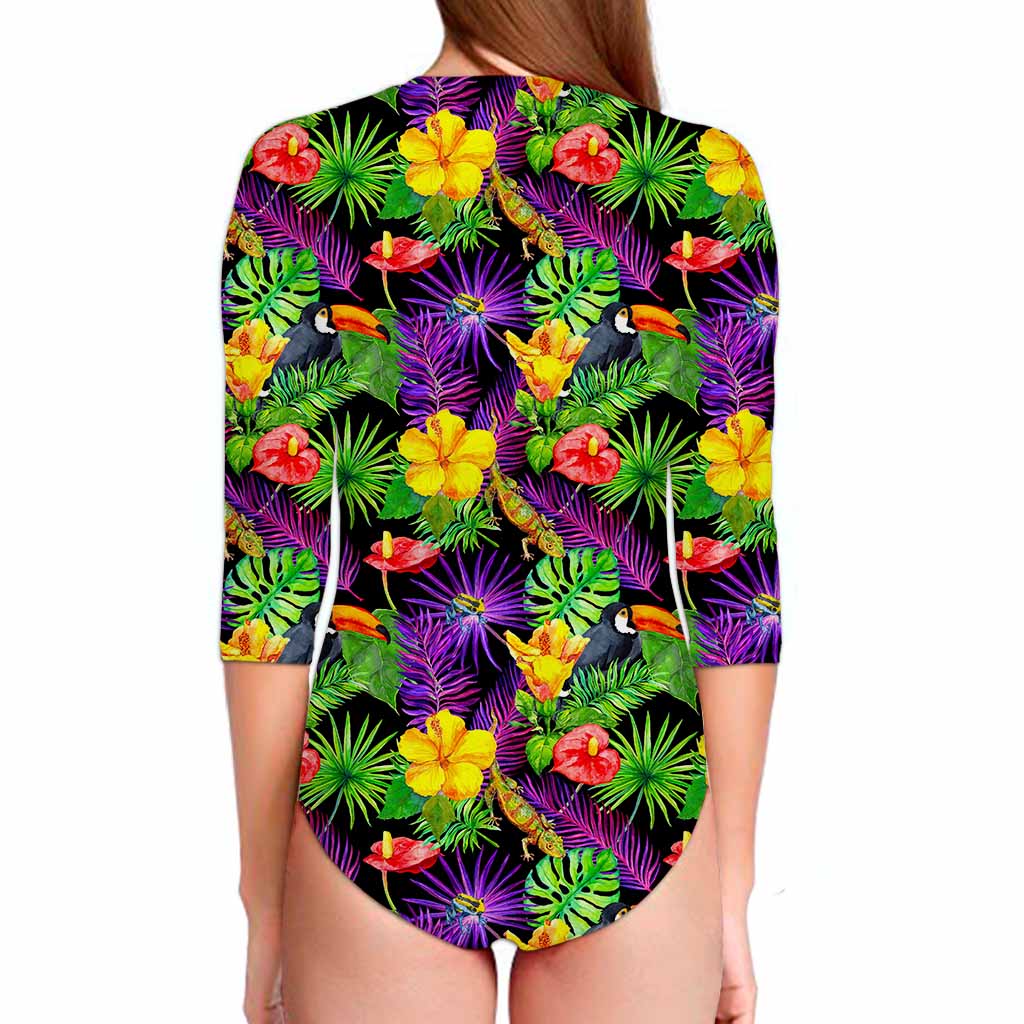 Dark Hawaiian Tropical Pattern Print Long Sleeve Swimsuit