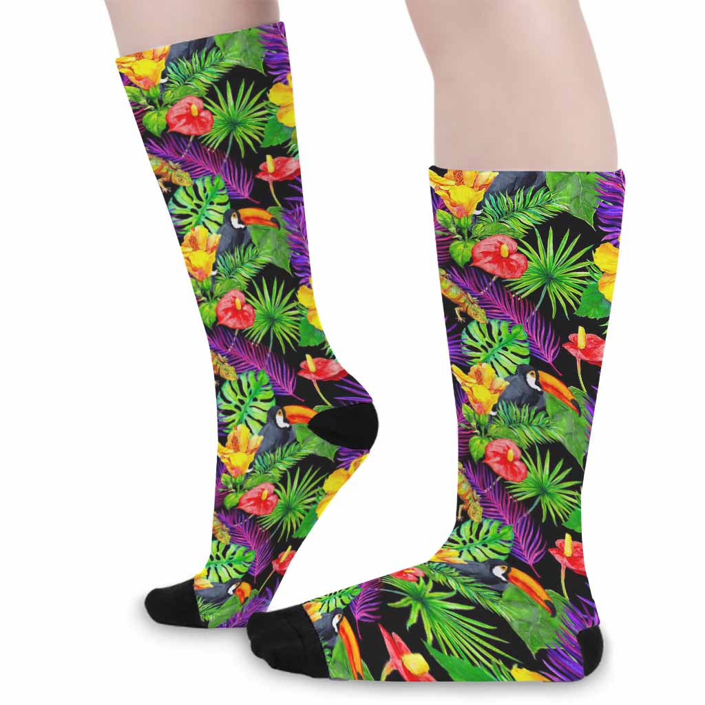 Dark Hawaiian Tropical Pattern Print Long Socks