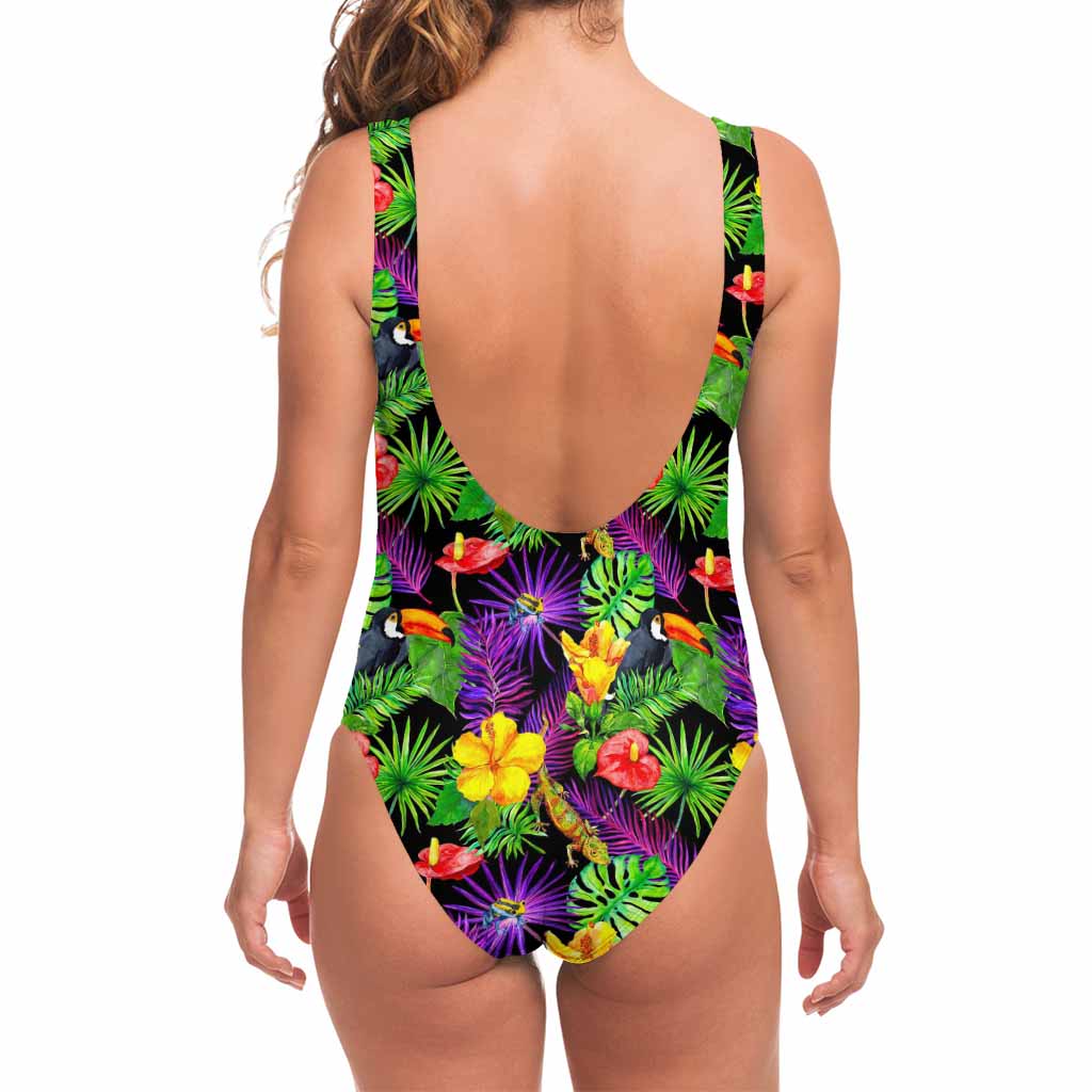 Dark Hawaiian Tropical Pattern Print One Piece Swimsuit