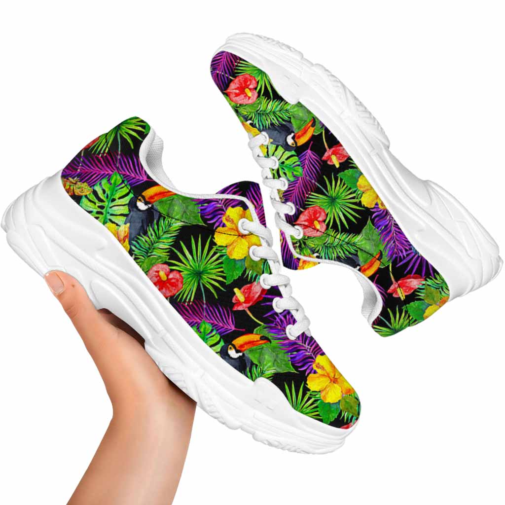Dark Hawaiian Tropical Pattern Print White Chunky Shoes