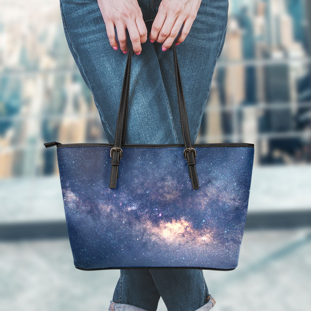 Dark Milky Way Galaxy Space Print Leather Tote Bag