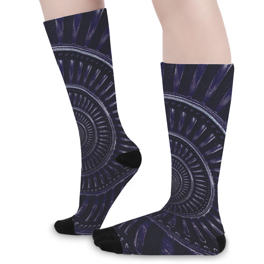 Dark Navy Metal Spiral Print Long Socks
