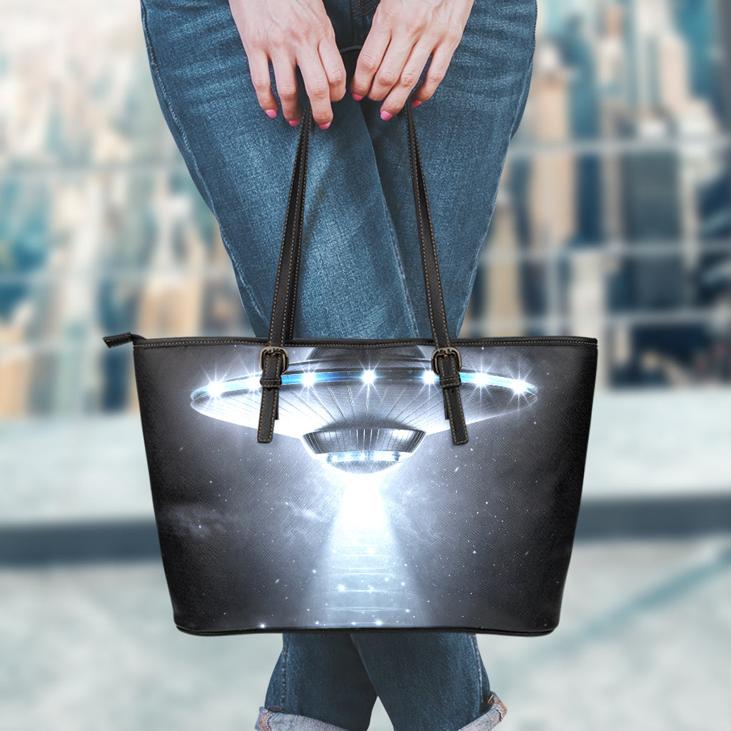 Dark Night UFO Print Leather Tote Bag
