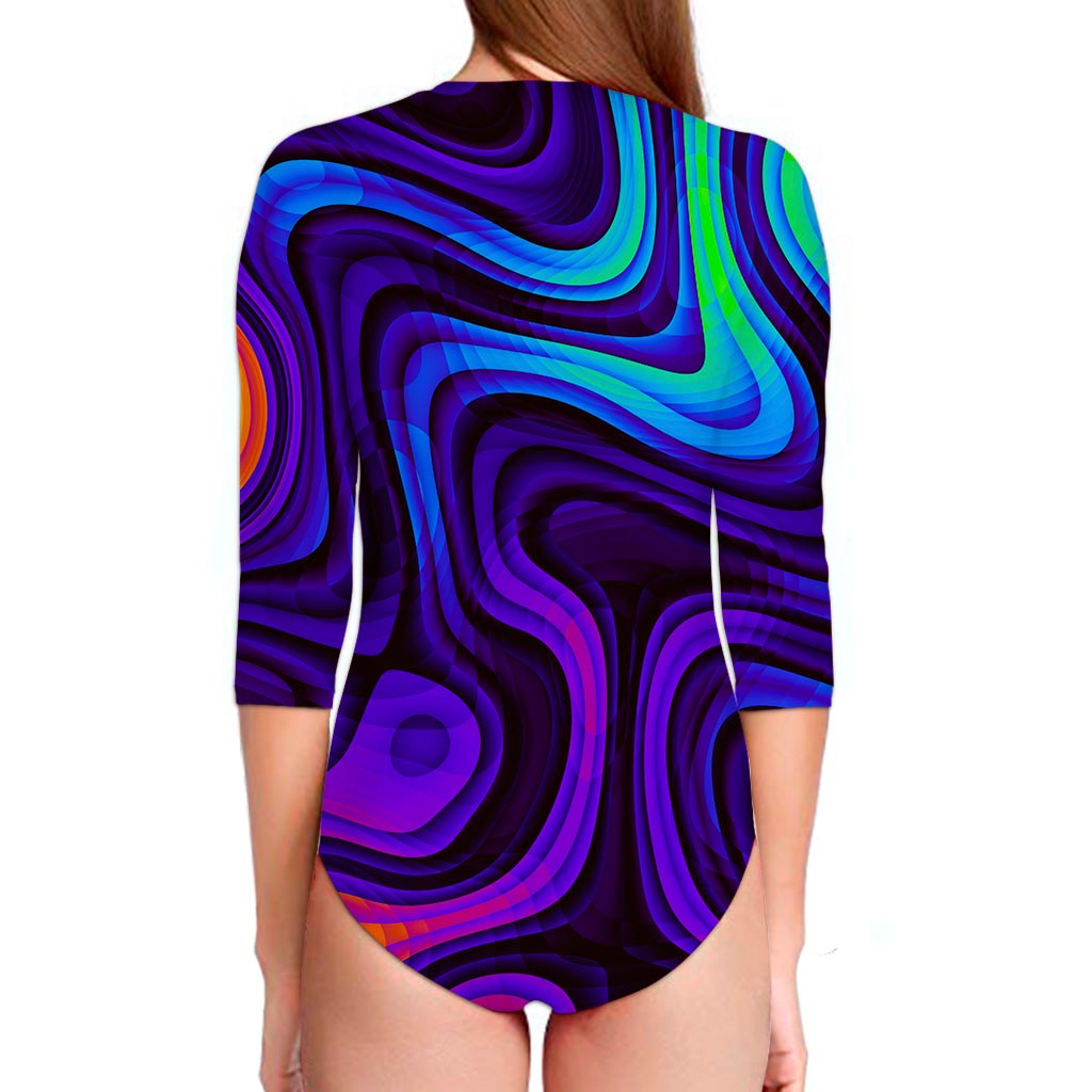 Dark Psychedelic Trippy Print Long Sleeve Swimsuit