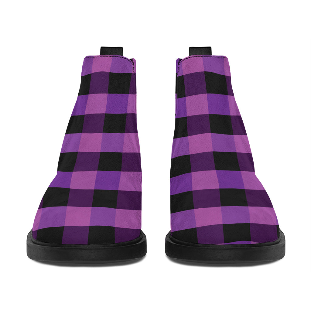 Dark Purple Check Pattern Print Flat Ankle Boots