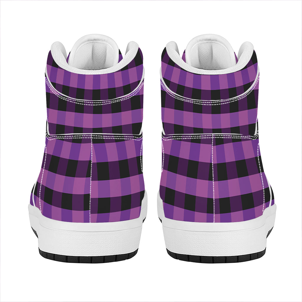Dark Purple Check Pattern Print High Top Leather Sneakers
