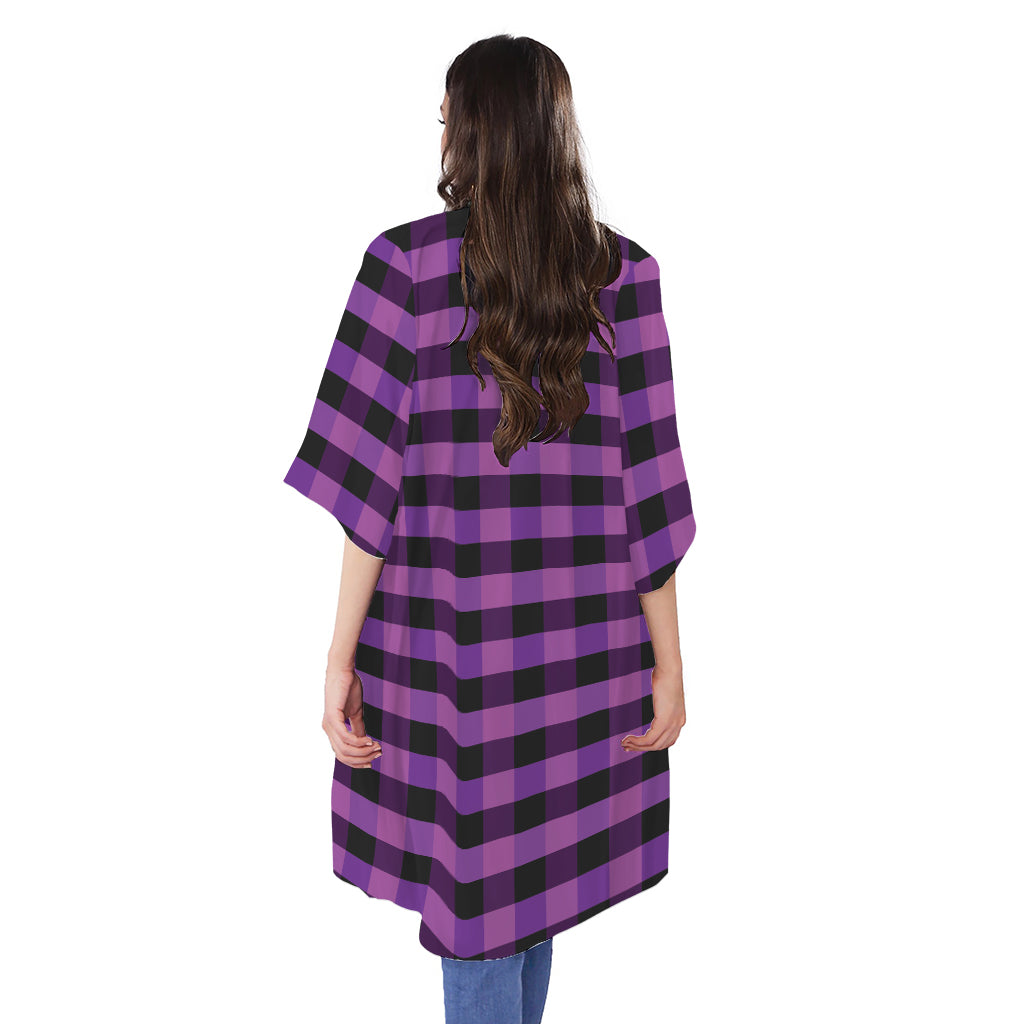 Dark Purple Check Pattern Print Open Front Beach Cover Up
