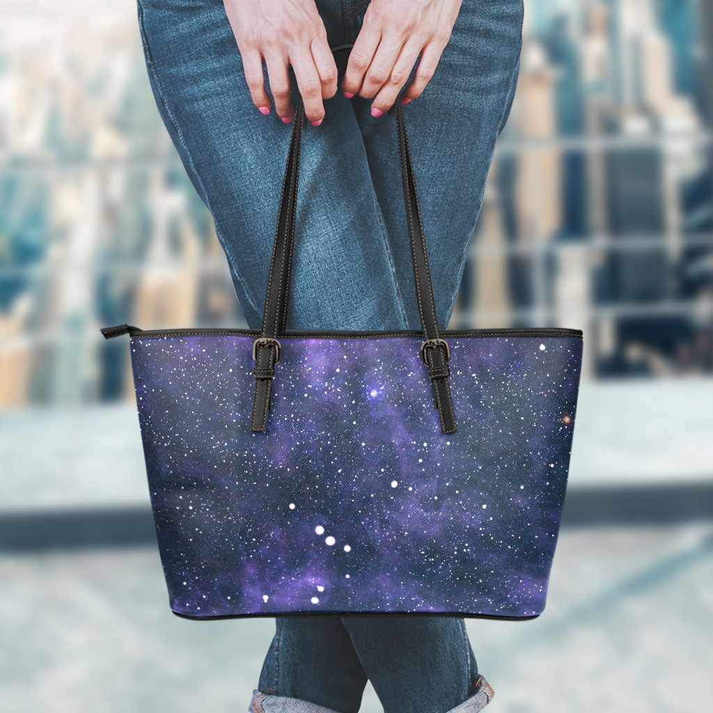 Dark Purple Galaxy Outer Space Print Leather Tote Bag