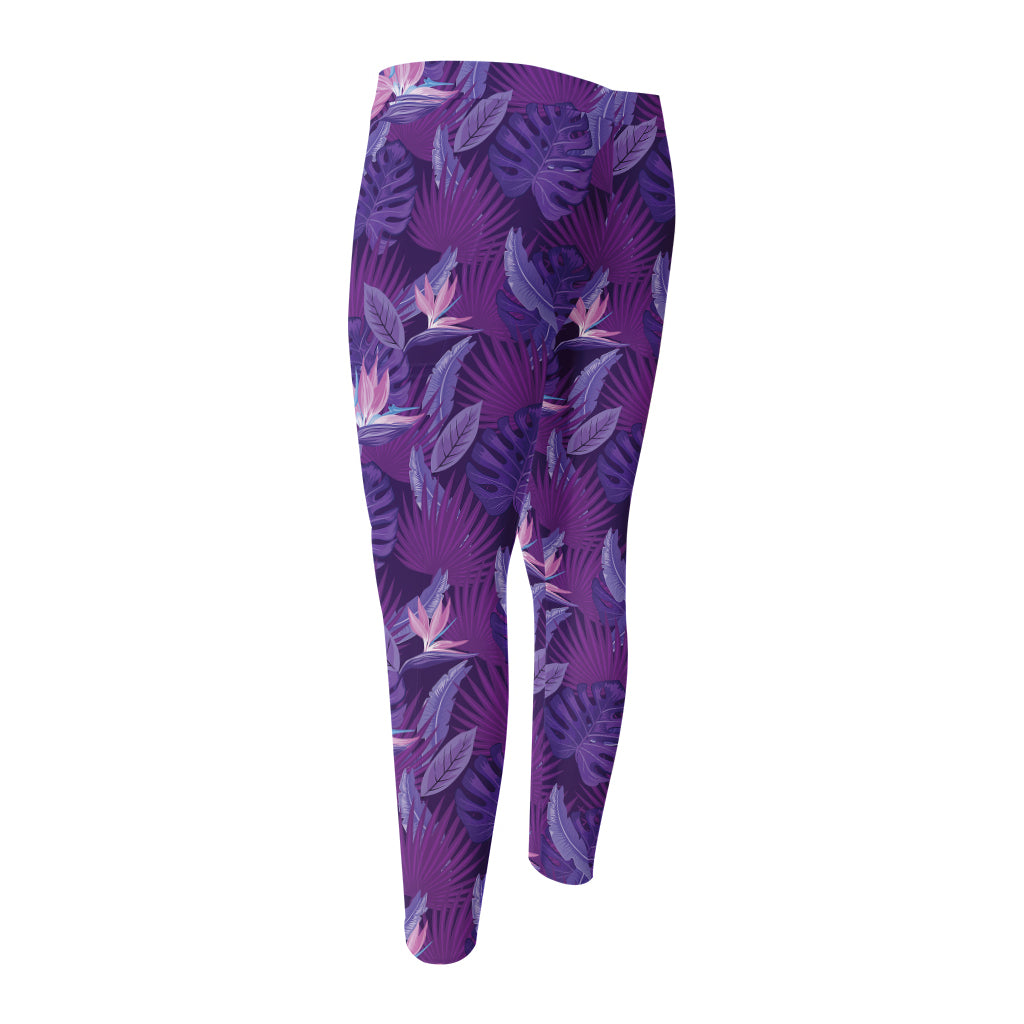 Dark Purple Hawaiian Tropical Print Men's Compression Pants