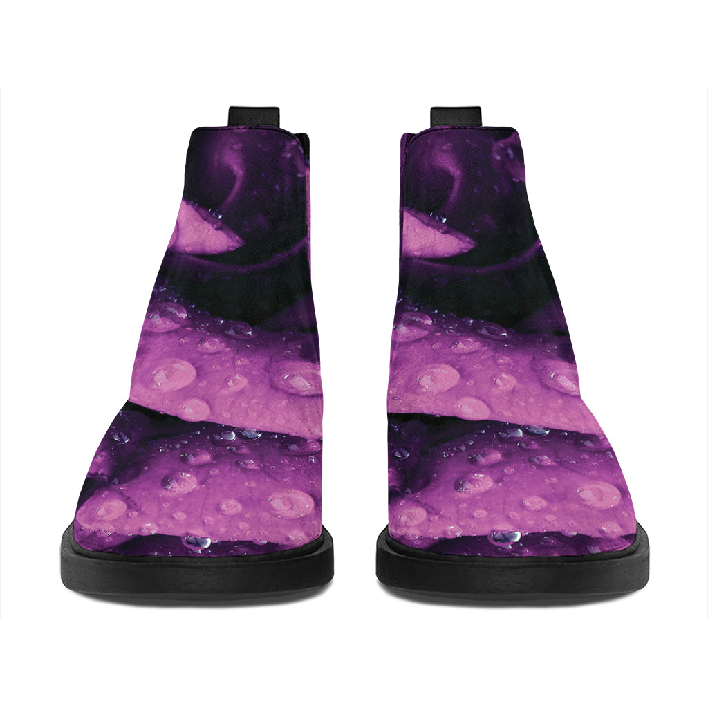 Dark Purple Rose Print Flat Ankle Boots