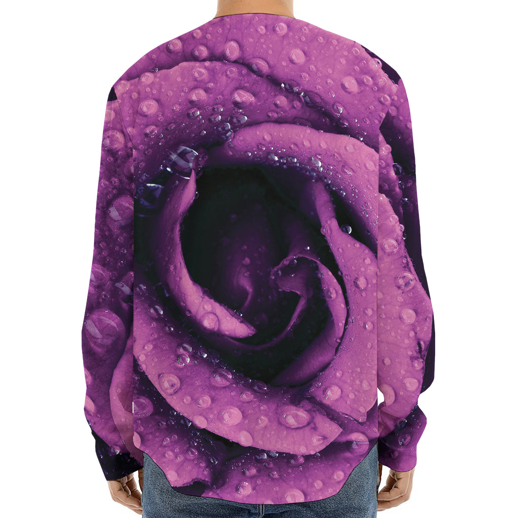 Dark Purple Rose Print Long Sleeve Baseball Jersey