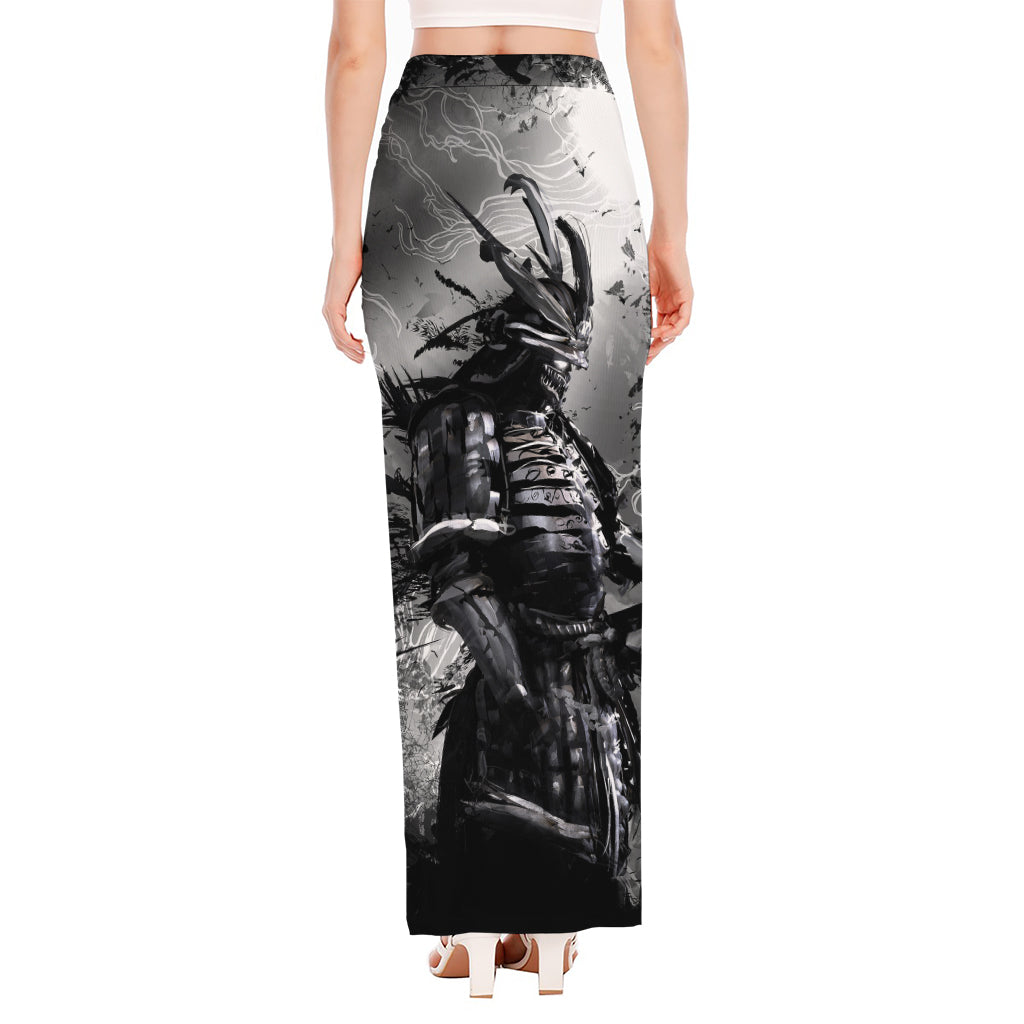 Dark Samurai Warrior Print High Slit Maxi Skirt