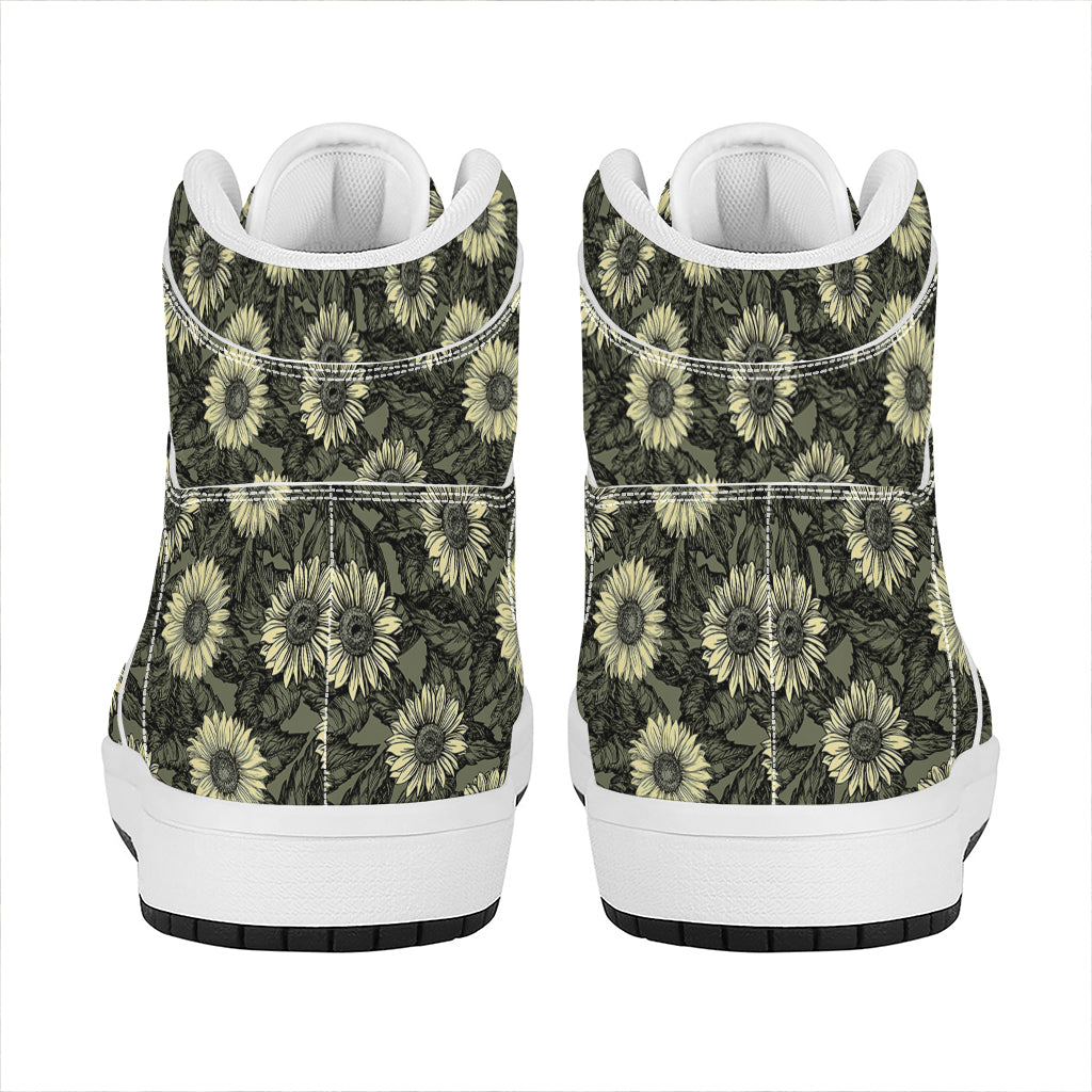Dark Sunflower Pattern Print High Top Leather Sneakers