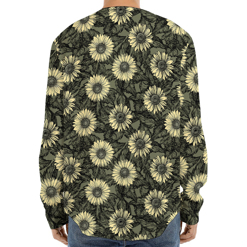 Dark Sunflower Pattern Print Long Sleeve Baseball Jersey