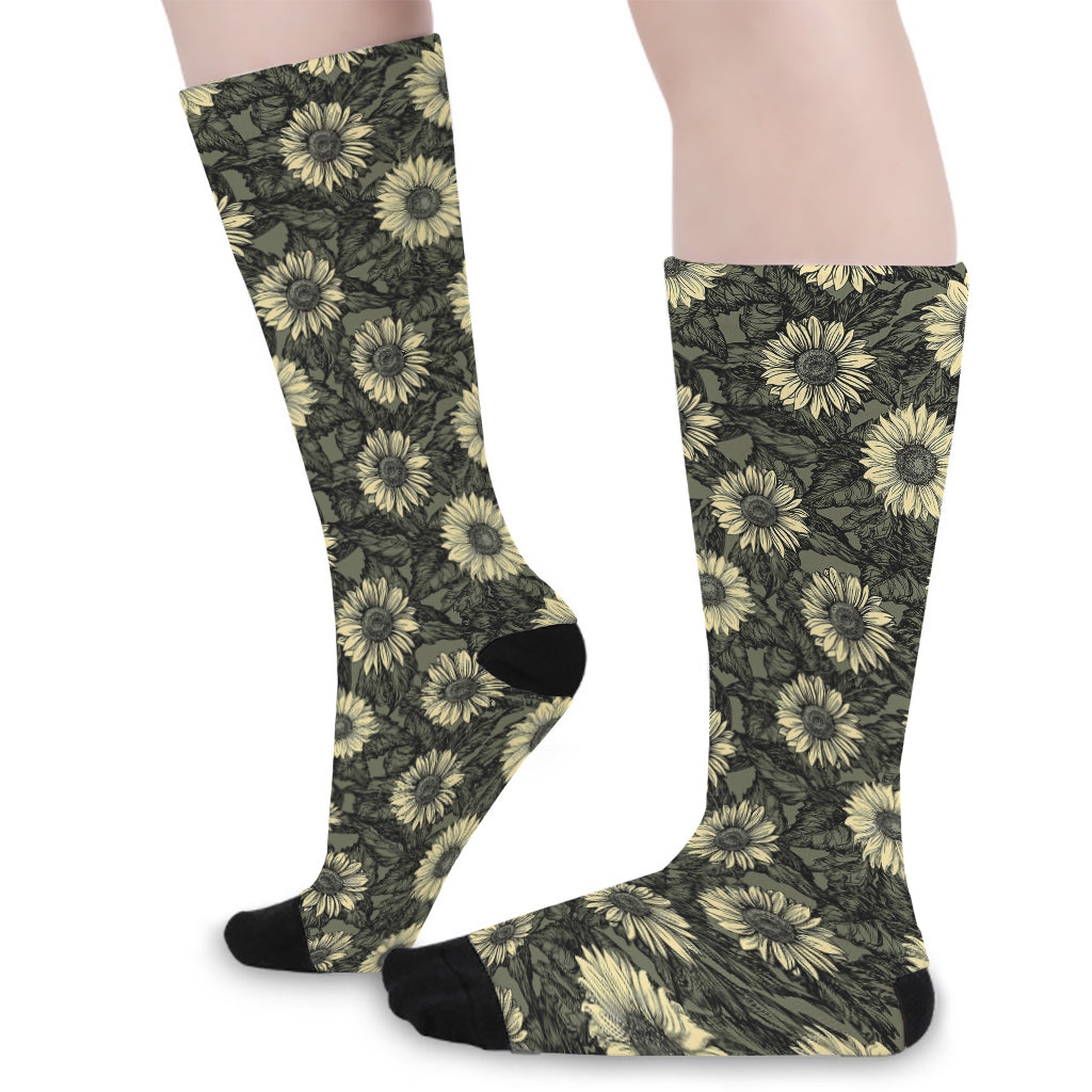 Dark Sunflower Pattern Print Long Socks