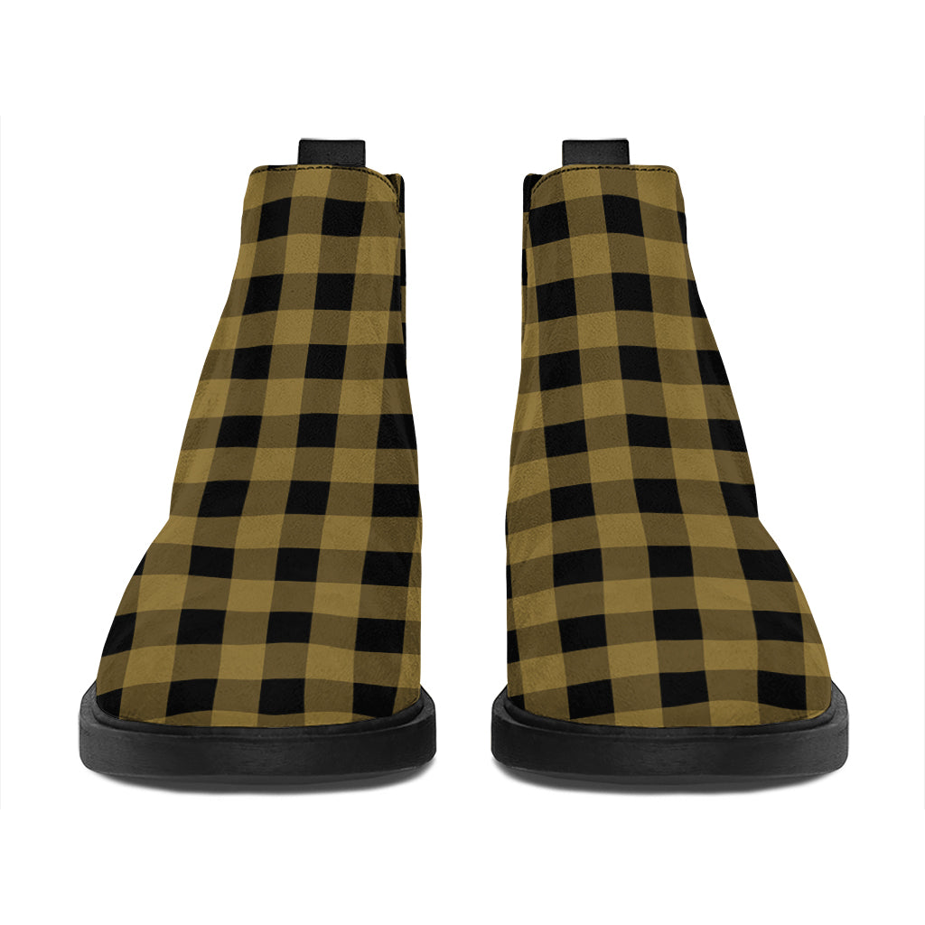 Dark Tan And Black Check Pattern Print Flat Ankle Boots