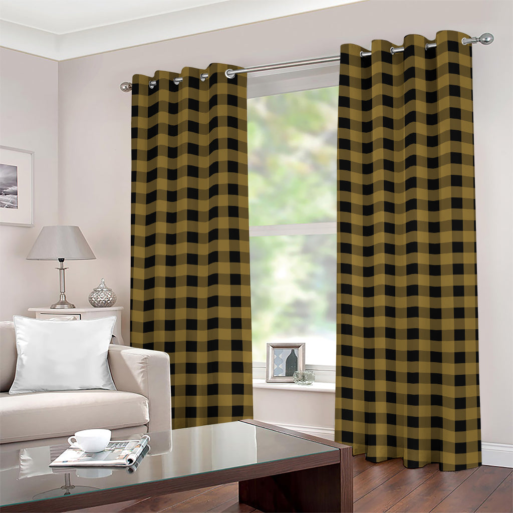 Dark Tan And Black Check Pattern Print Grommet Curtains