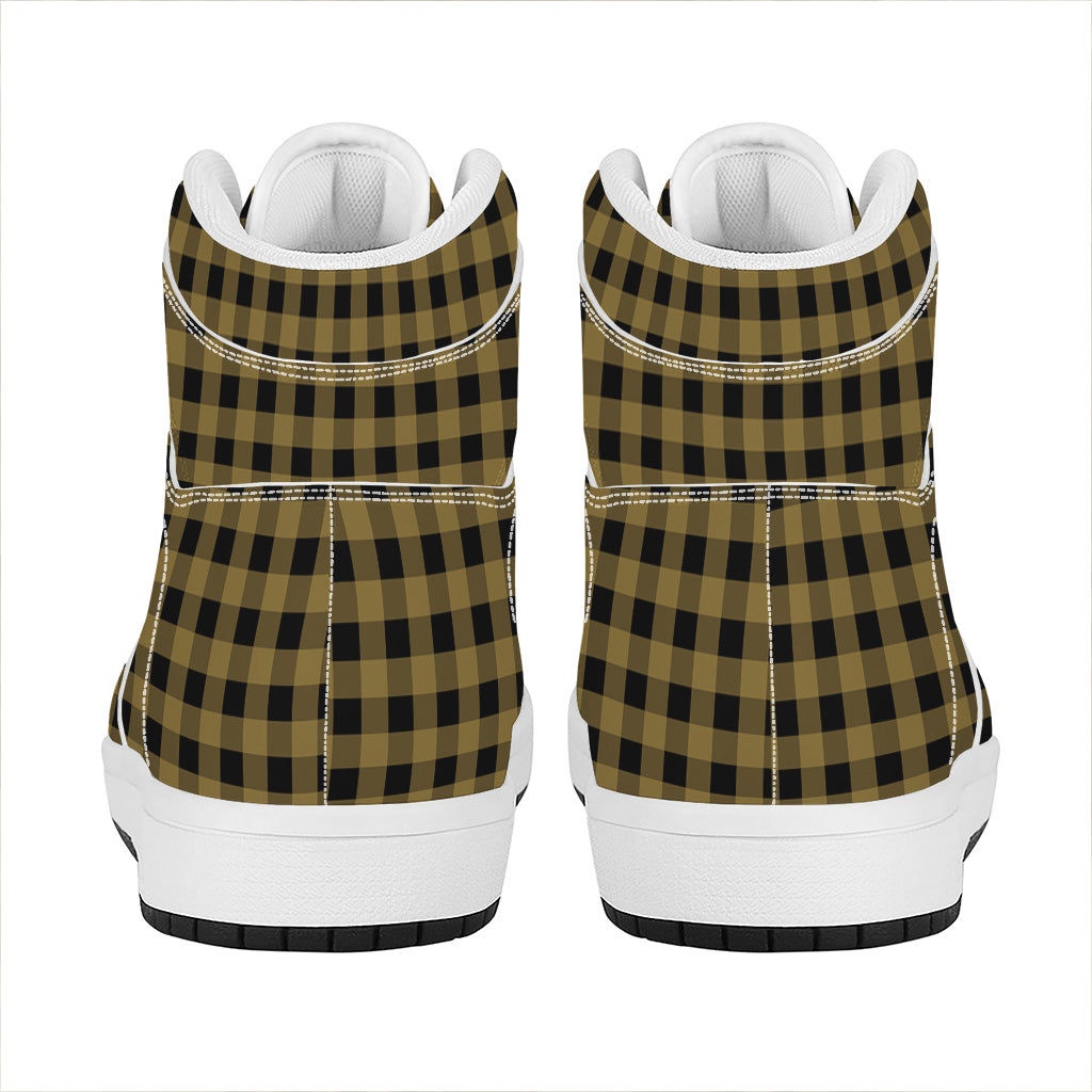 Dark Tan And Black Check Pattern Print High Top Leather Sneakers