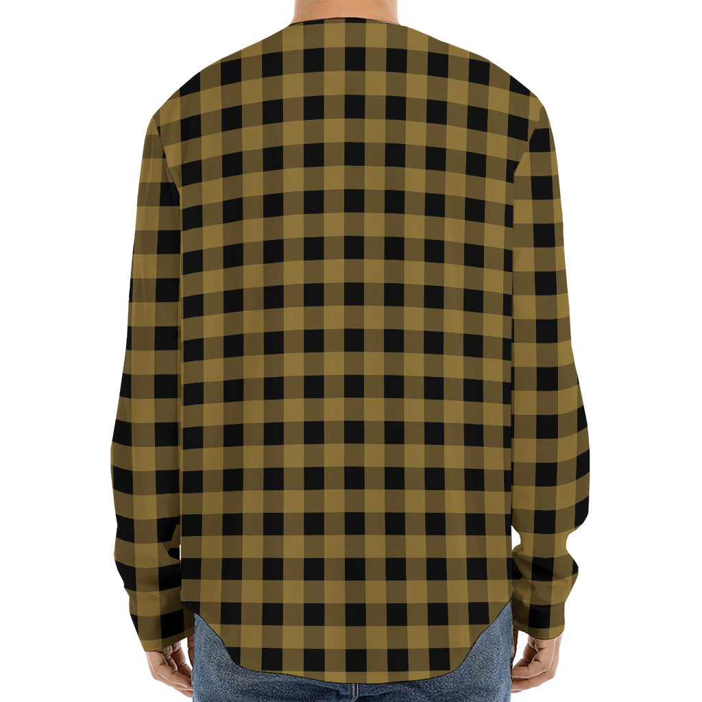 Dark Tan And Black Check Pattern Print Long Sleeve Baseball Jersey