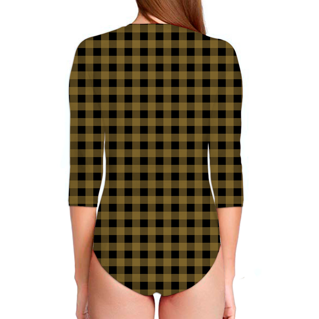 Dark Tan And Black Check Pattern Print Long Sleeve Swimsuit