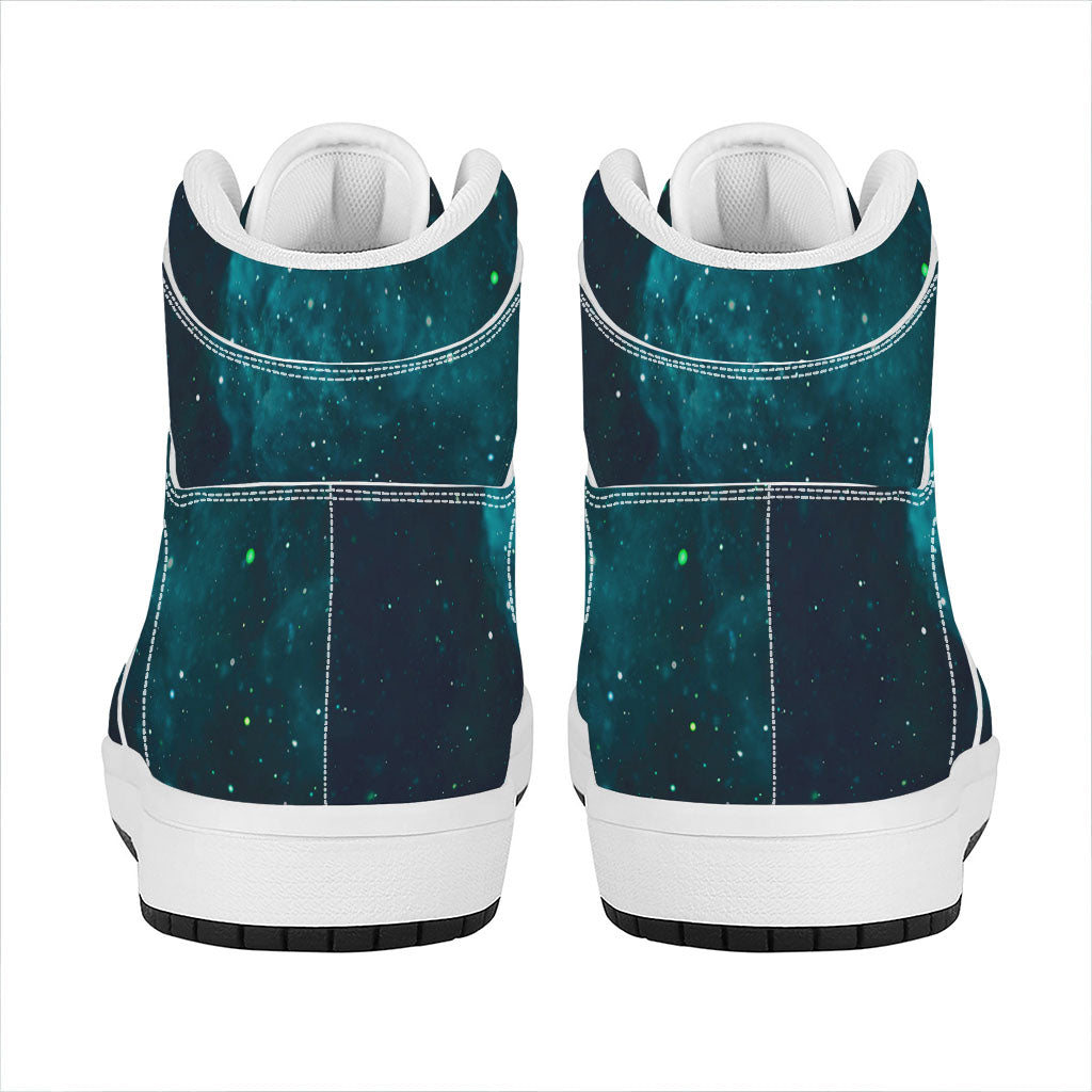 Dark Teal Galaxy Space Print High Top Leather Sneakers