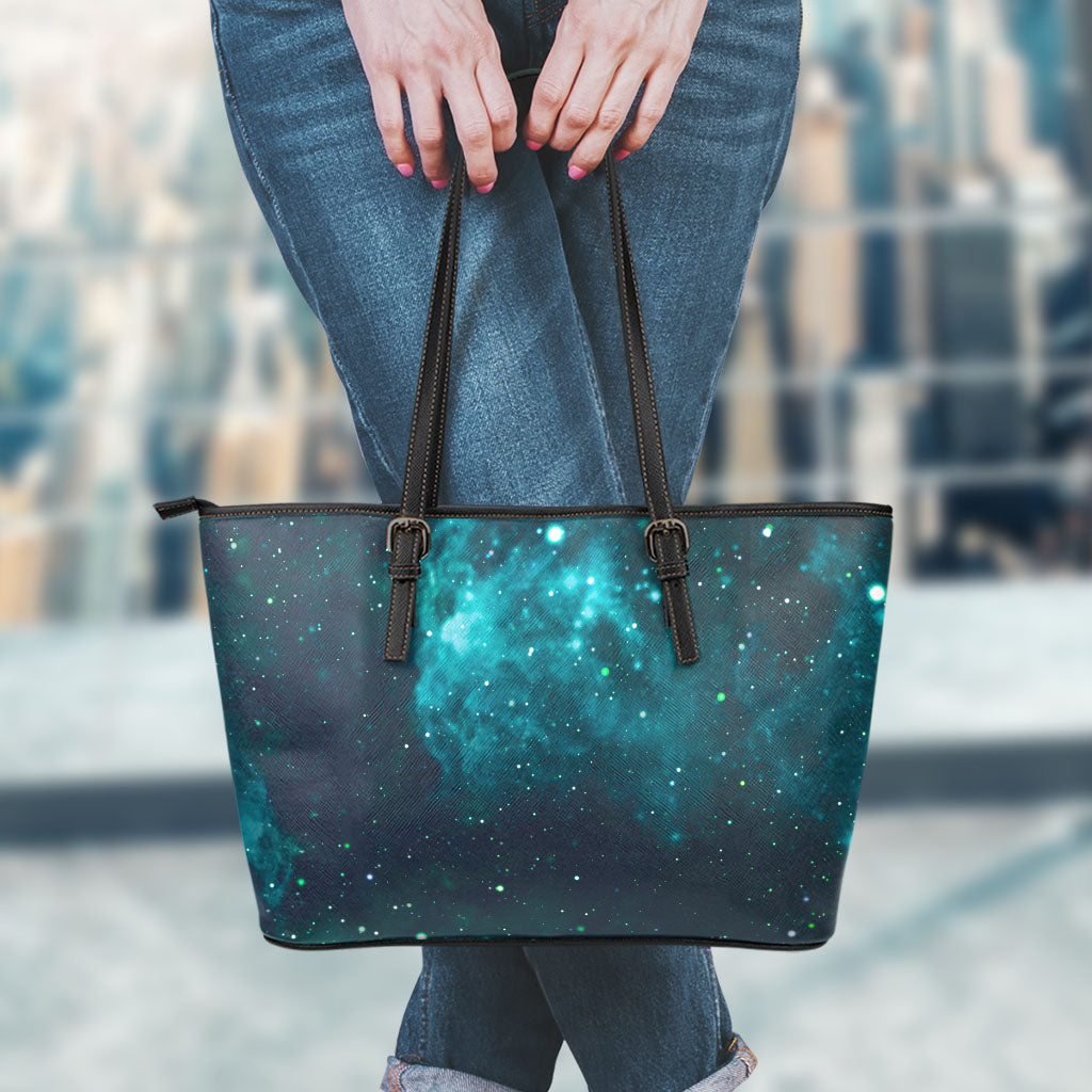 Dark Teal Galaxy Space Print Leather Tote Bag