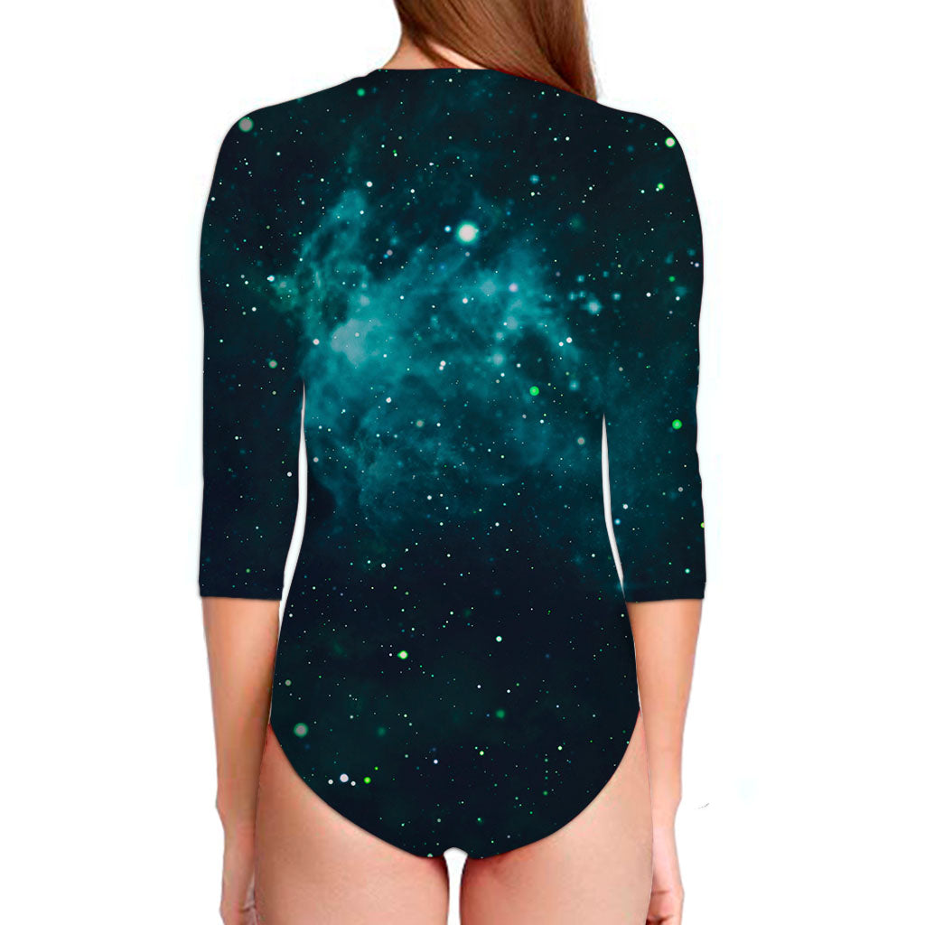 Dark Teal Galaxy Space Print Long Sleeve Swimsuit