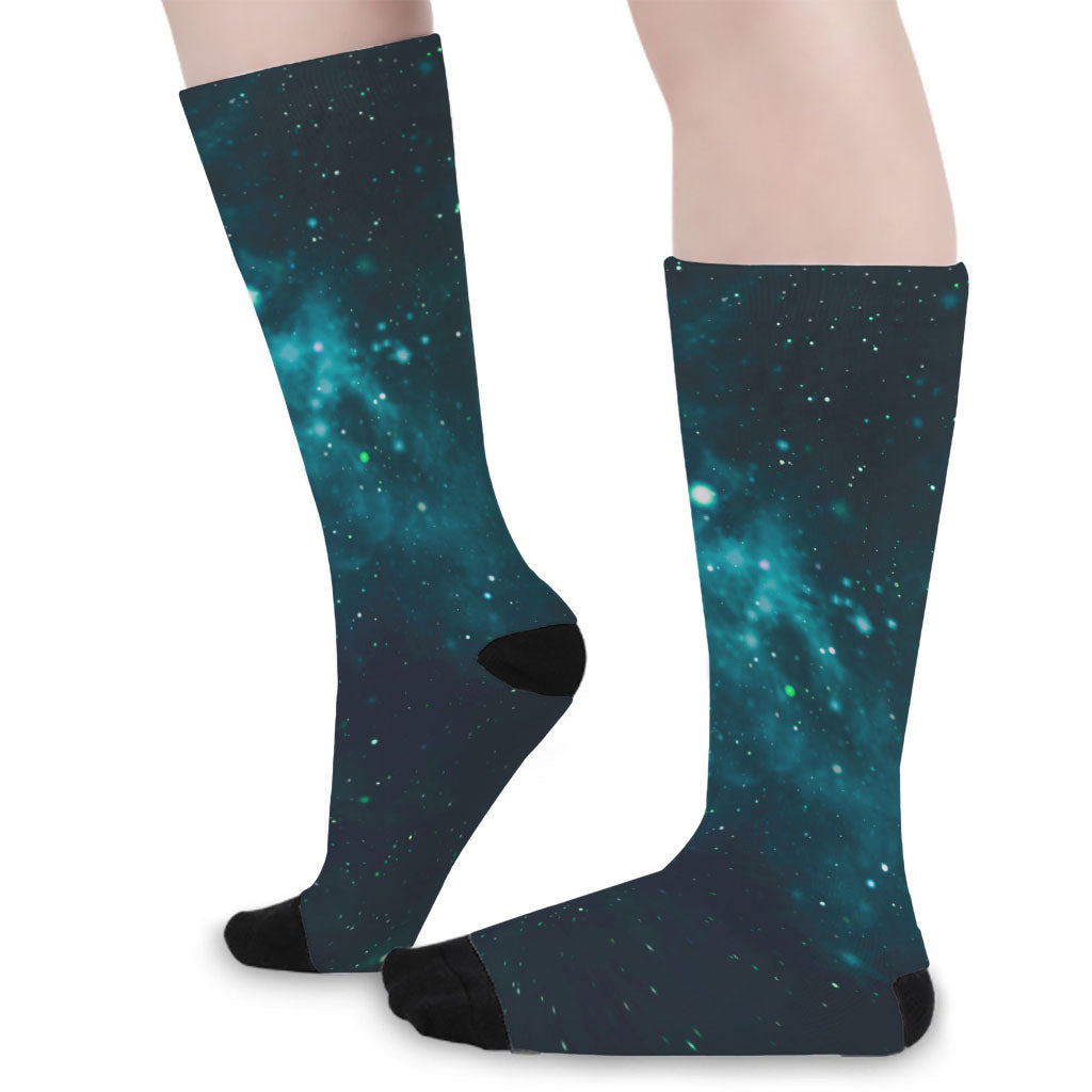 Dark Teal Galaxy Space Print Long Socks