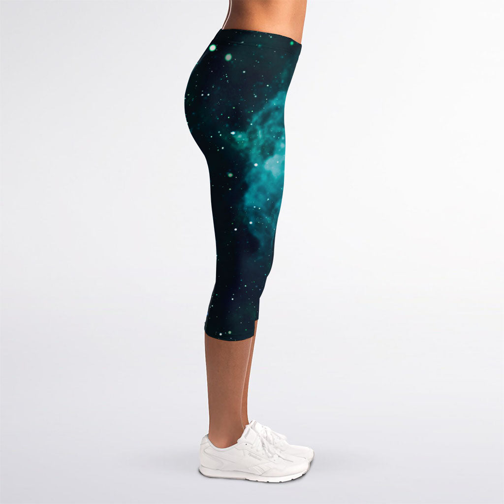 Dark Teal Galaxy Space Print Women's Capri Leggings