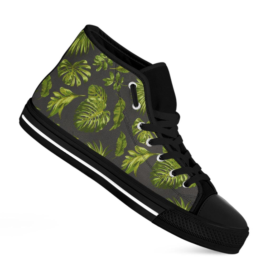 Dark Tropical Leaf Pattern Print Black High Top Sneakers