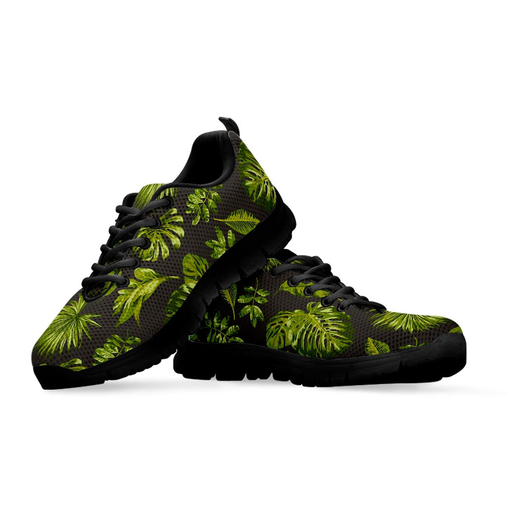 Dark Tropical Leaf Pattern Print Black Running Shoes