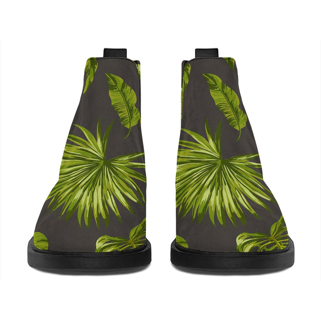 Dark Tropical Leaf Pattern Print Flat Ankle Boots