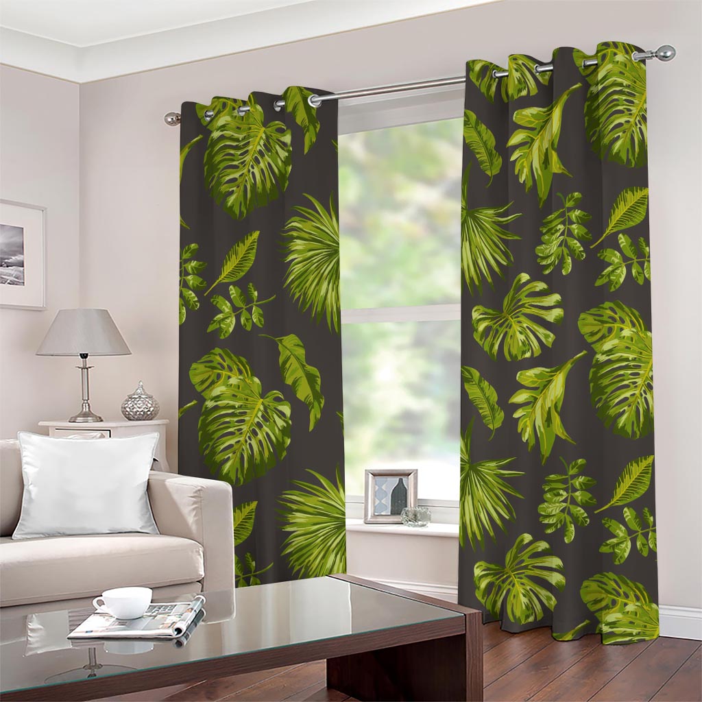 Dark Tropical Leaf Pattern Print Grommet Curtains