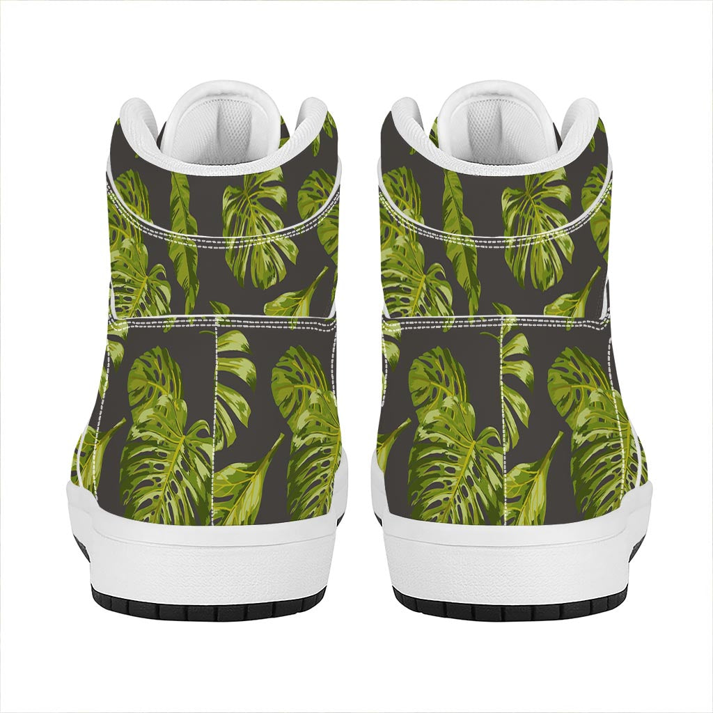 Dark Tropical Leaf Pattern Print High Top Leather Sneakers