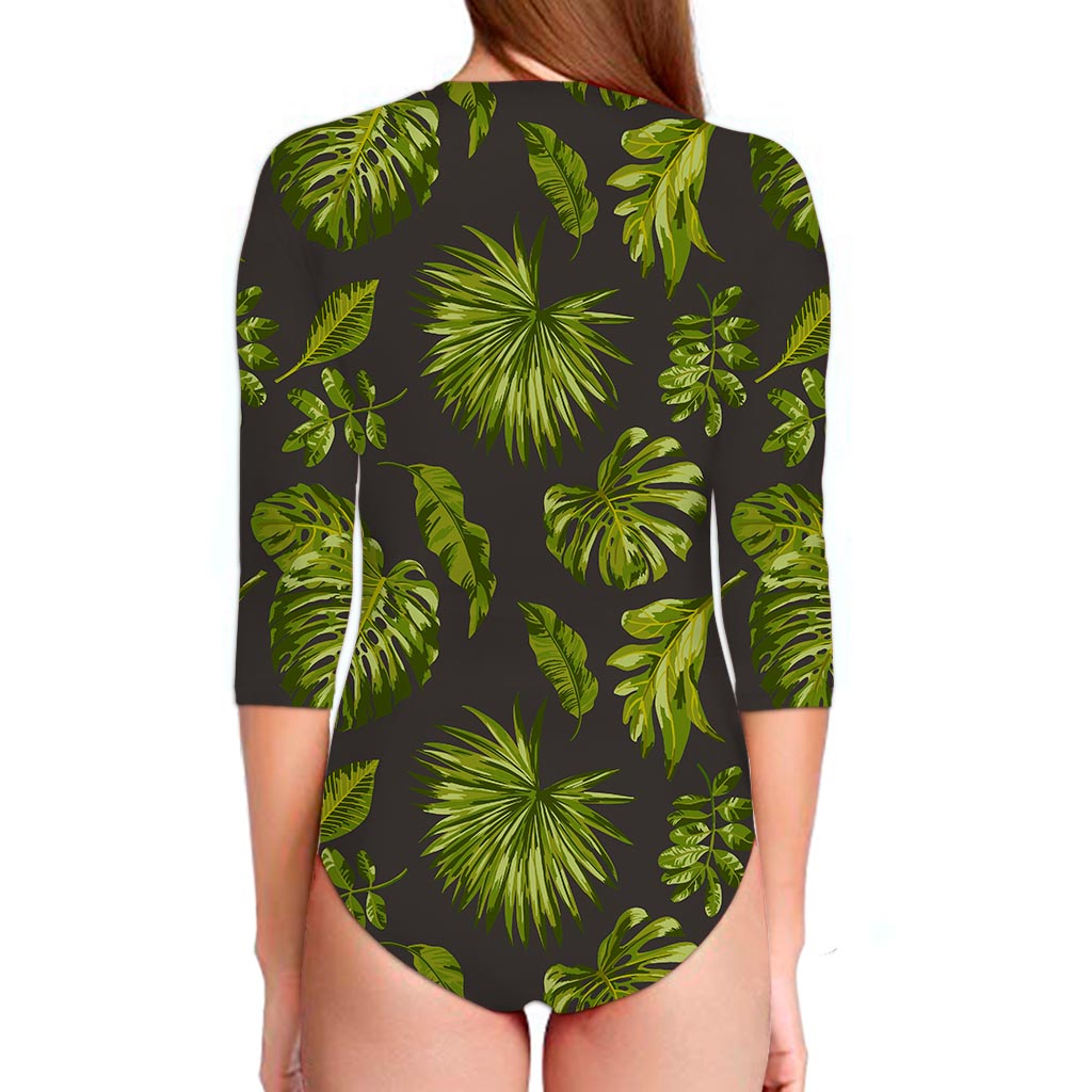 Dark Tropical Leaf Pattern Print Long Sleeve Swimsuit