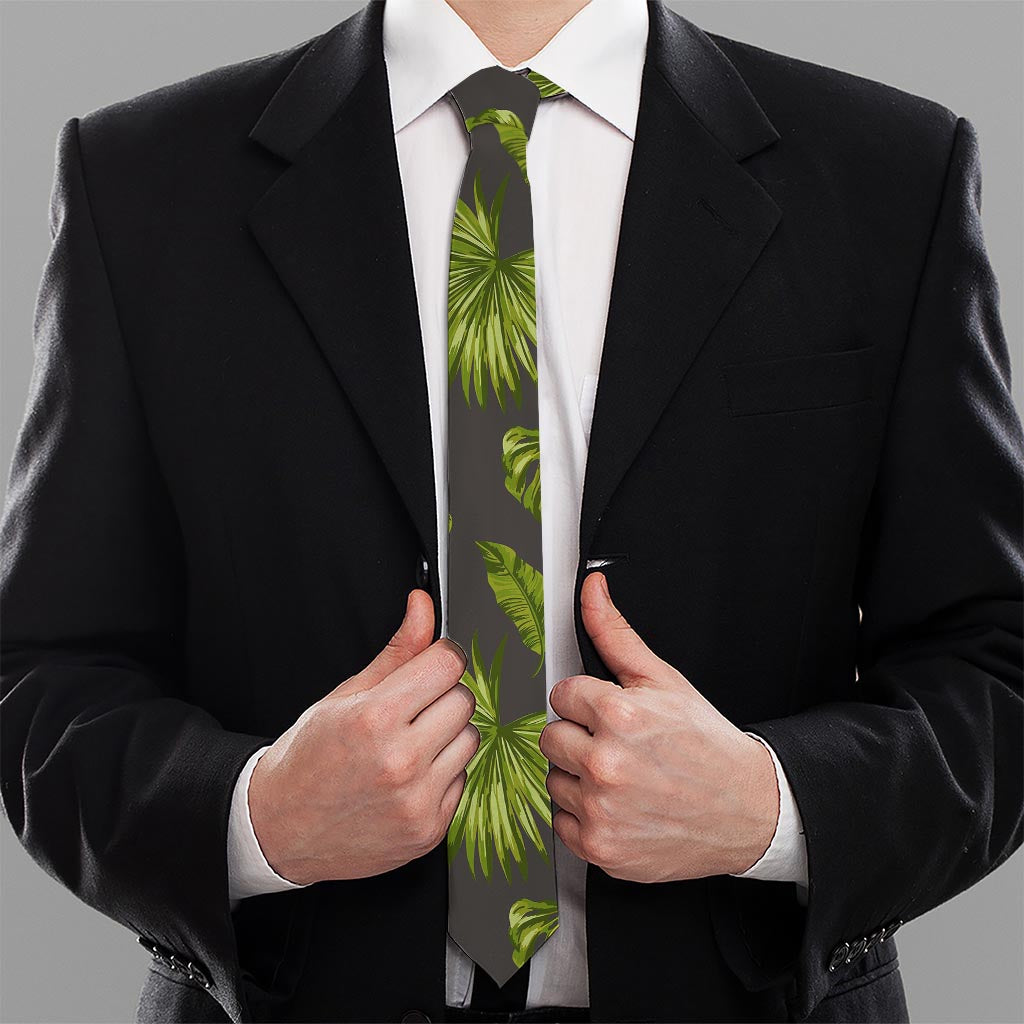 Dark Tropical Leaf Pattern Print Necktie