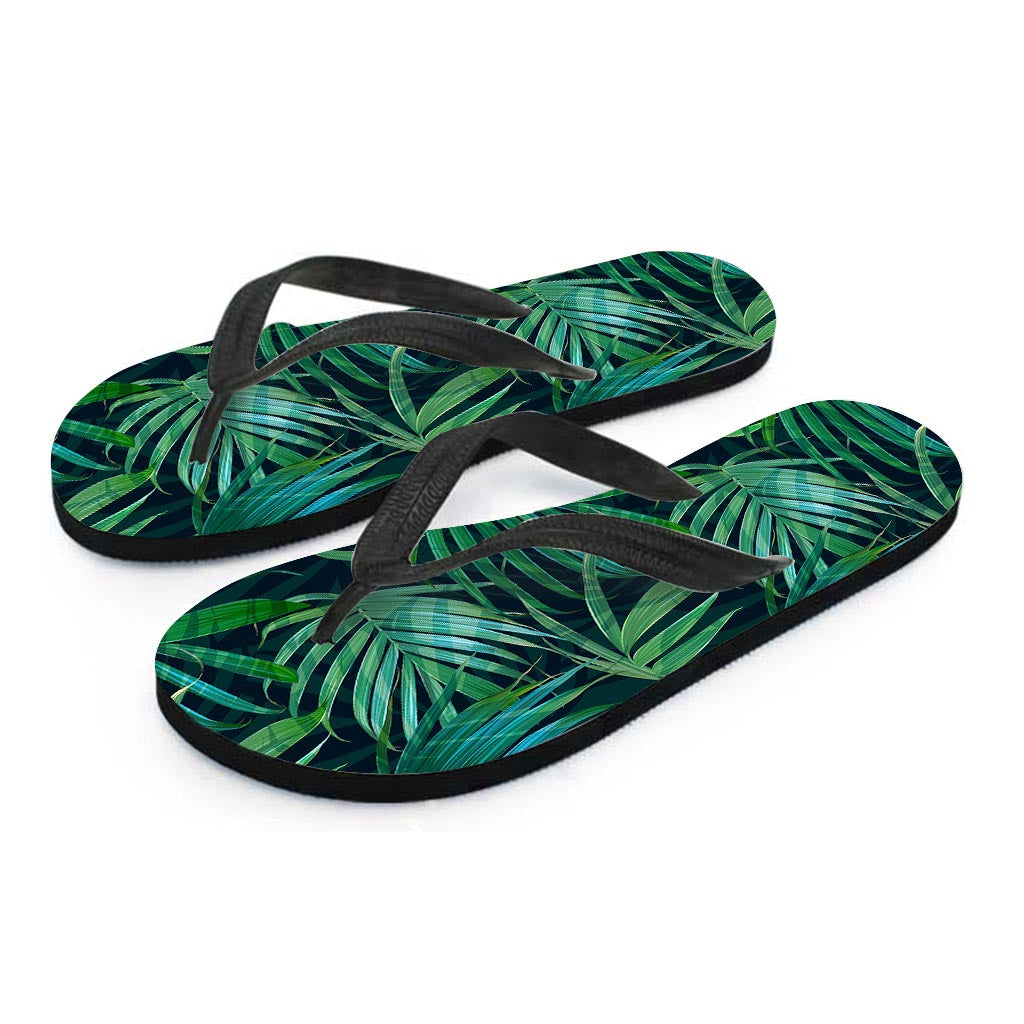 Dark Tropical Palm Leaves Pattern Print Flip Flops